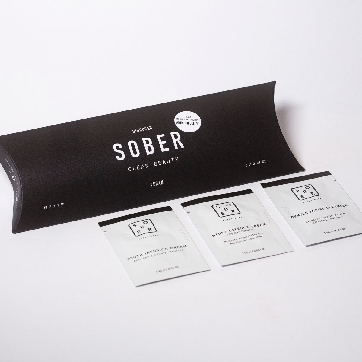 sober-Probierset mit drei Sachets und Verpackung