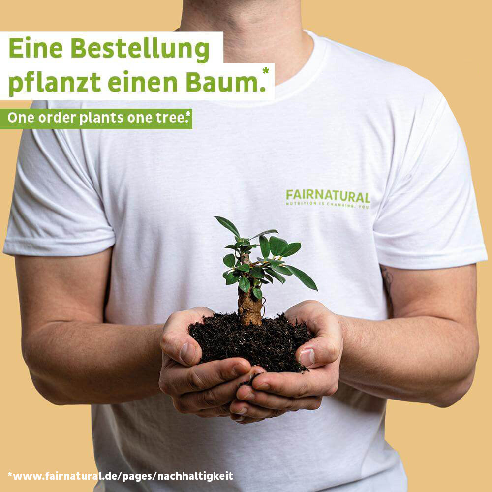 Mann im Fairnatural-Shirt hält eine junge Pflanze