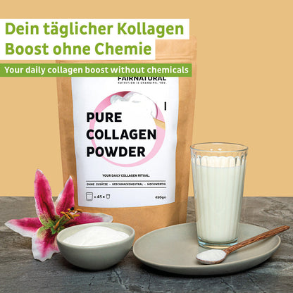 Fairnatural Collagen Hydrolysat Pulver neben einem Glas Getränk