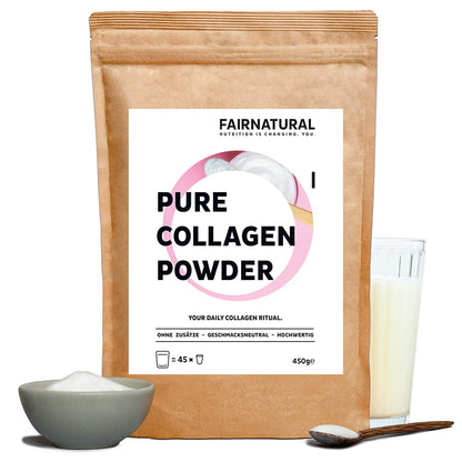 Fairnatural Collagen Hydrolysat Pulver im Beutel mit Schale und Glas