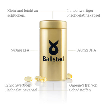 Ballstad-Dose mit Angaben zu den Fischöl-Kapseln