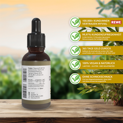 Rückseite der myvial Vitamin-D3-K2-Flasche