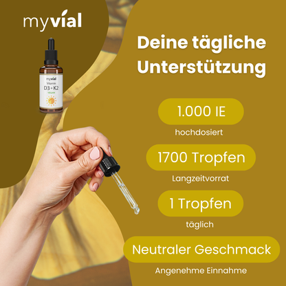Pipette mit Vitamin D3 + K2 Tropfen und Produktangaben