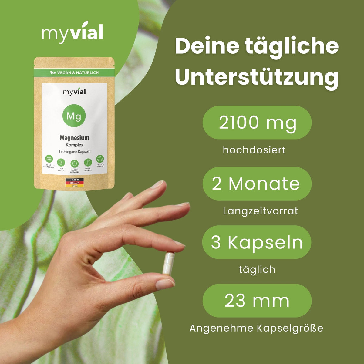 myvial Magnesium Komplex mit Angaben zur Kapselgröße und Einnahme