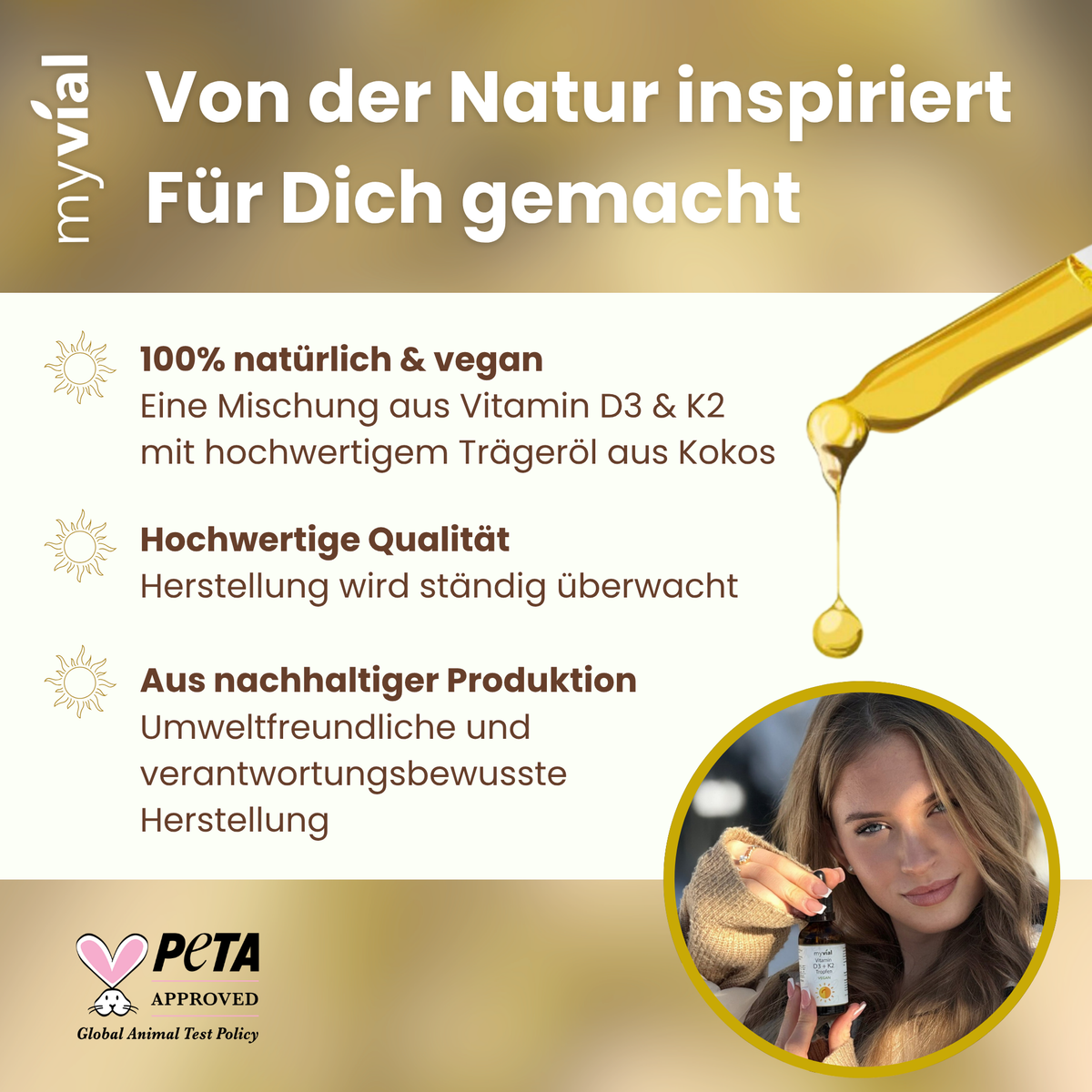 myvial Vitamin D3 + K2: Grafik zu Zutaten und Trägeröl
